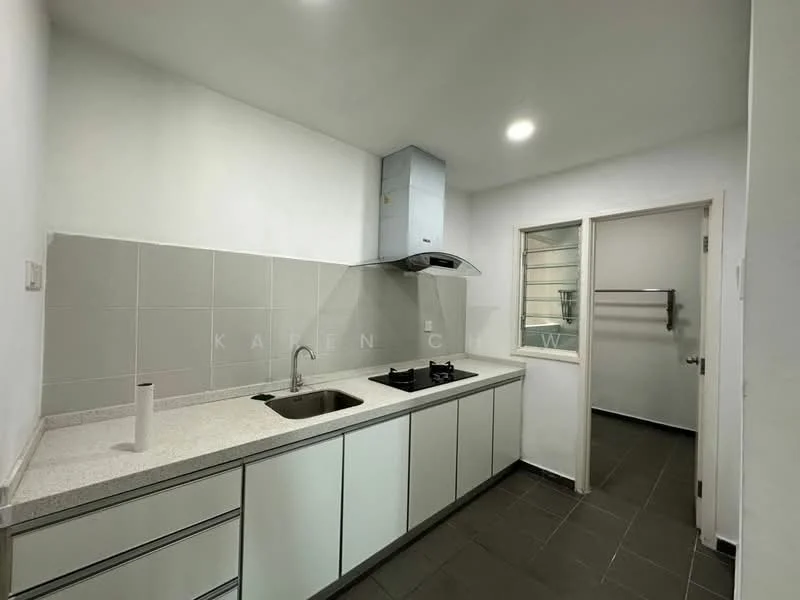 Kitchen features: white cabinetry, grey countertop, single-bowl stainless-steel sink, chrome pull-down faucet, built-in gas hob, exhaust hood, tile backsplash, grey floor tiles, recessed LED downlights, window with security bars, open shelving, wall-mounted towel rack; style: modern.