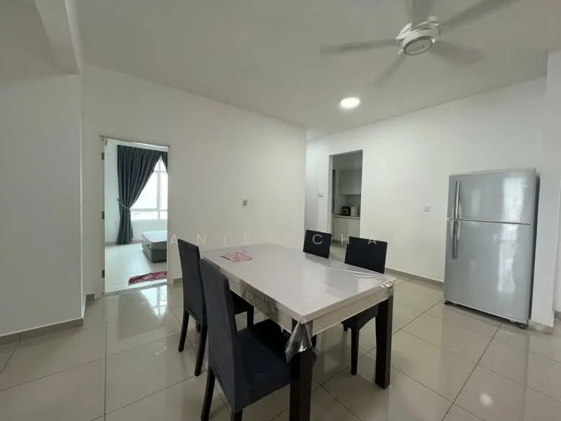 Dining features: dining table with silver tablecloth, 4 upholstered dining chairs in dark blue, white painted walls, glossy ceramic tile flooring, ceiling fan, refrigerator, doorway leading to living area, window with sheer curtains; style: modern. Kitchen features: open kitchen layout, white cabinetry, countertop, kitchen appliances visible; style: modern.