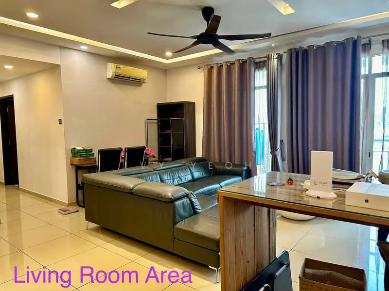Living features: 3-seater leather sofa in dark green, coffee table, wall-mounted TV, floor-to-ceiling windows, sheer curtains, dark brown wooden shelving unit, light-colored tiled flooring, ceiling fan with light, recessed downlights, decorative wall with light paint, air conditioning unit on wall; style: modern.