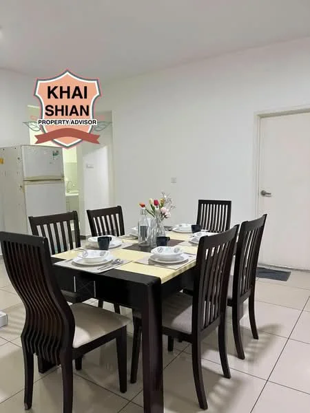 Dining features: 6-seater dining table, dark wood dining chairs, white tablecloth, ceramic plates, cutlery, glass vase with flowers, tiled flooring, white painted walls, doorway to kitchen, refrigerator visible in background; style: modern.