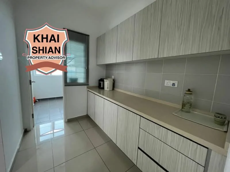 Kitchen features: light wood cabinetry, white countertop, grey tiled backsplash, stainless-steel kettle, stainless-steel toaster, single-bowl stainless-steel sink, chrome pull-down faucet, built-in cabinets, ceramic tile flooring, window with blinds, recessed downlights; style: modern.