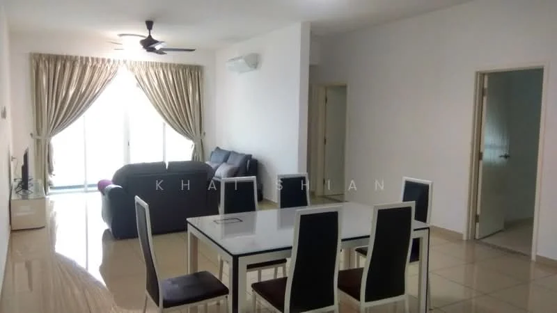 Living features: 3-seater fabric sofa in grey, dining table with 6 chairs, floor-to-ceiling windows, sheer curtains, ceiling fan, wall-mounted split AC, TV console, polished tile flooring, white painted walls, decorative wall art; style: modern; view: garden.