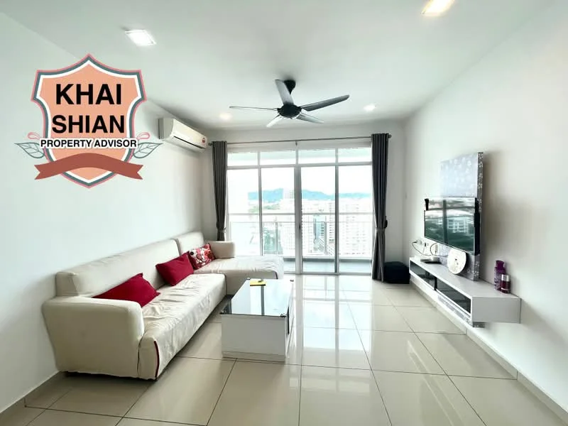 Living features: 3-seater fabric sofa in white, coffee table, wall-mounted TV, TV console, floor-to-ceiling windows, curtains, ceiling fan, air conditioning unit, light-colored tiled flooring, decorative wall, neutral wall color; style: modern; view: city.