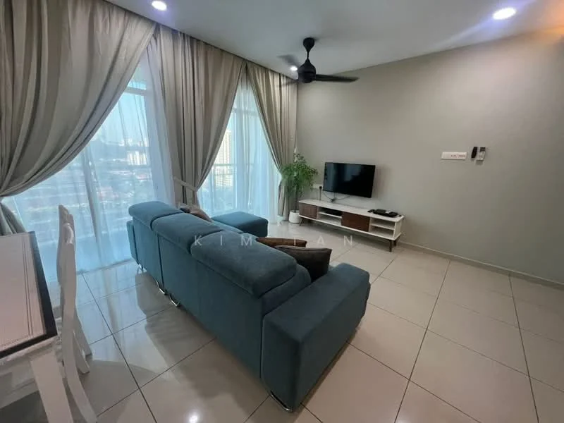 Living features: 3-seater fabric sofa in blue, coffee table, wall-mounted TV, TV console, floor-to-ceiling windows, sheer curtains, ceiling fan, recessed downlights, grey painted walls, tile flooring; style: modern; view: city.