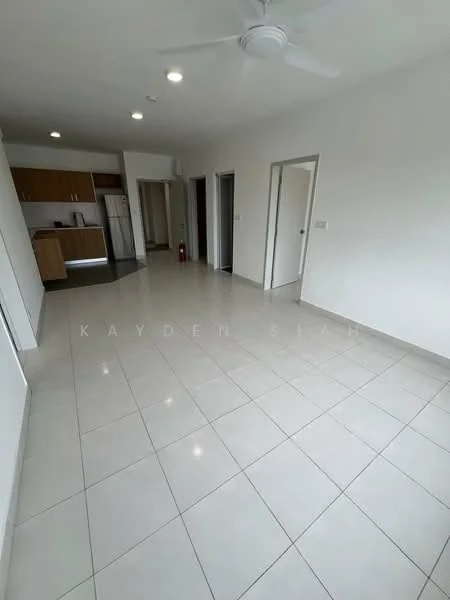 Living features: white painted walls, glossy ceramic tile flooring, 5-blade ceiling fan with light, open layout, kitchen area with wooden cabinetry, stainless-steel fridge, doorway leading to other rooms, large windows for natural light; style: modern.