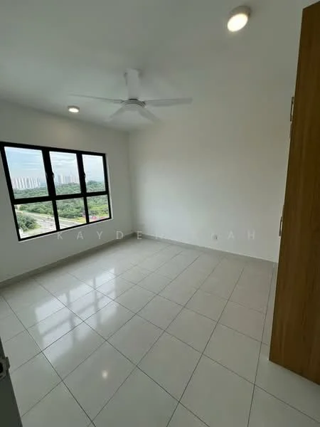 Bedroom features: white painted walls, glossy ceramic tile flooring, 5-blade ceiling fan with light, floor-to-ceiling windows, city view, natural light, neutral color scheme, no visible furniture; style: modern; view: city.