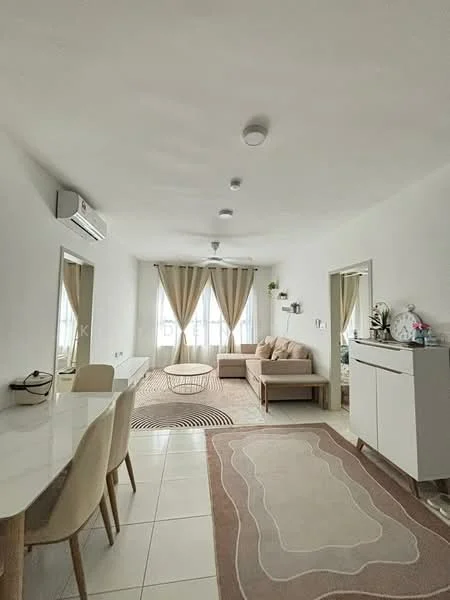 Living features: white painted walls, tile flooring, 5-blade ceiling fan with light, wall-mounted split AC, large windows with sheer curtains, beige fabric sofa, area rug with abstract pattern, coffee table, dining table with 4 chairs, decorative wall art, console table, light-colored cabinetry; style: modern.