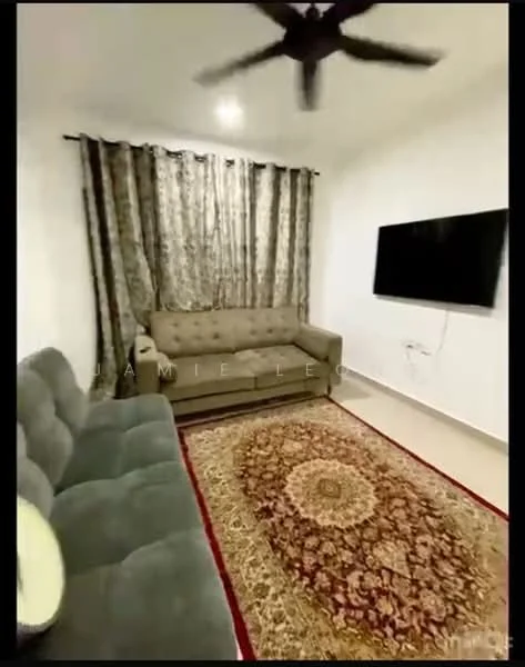 Living features: 3-seater fabric sofa in grey, area rug with floral pattern, wall-mounted TV, ceiling fan, white painted walls, curtains with floral pattern, light-colored coffee table, tile flooring; style: modern.