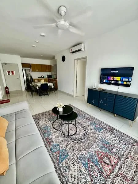 Living features: 3-seater fabric sofa in light grey, coffee table with black metal legs, area rug with intricate pattern, wall-mounted TV, TV console with blue finish, ceiling fan with light, recessed ceiling lights, white painted walls, tile flooring, air conditioning unit on wall; style: modern. Kitchen features: wood cabinetry, stainless-steel fridge, built-in oven, 4-burner gas hob, kitchen island with seating; style: modern.