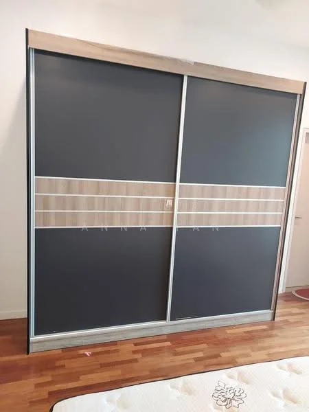 Room features: sliding wardrobe with dark grey panels, wooden accents on wardrobe, metal frame, wooden flooring; style: modern.