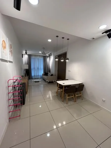 Dining features: white painted walls, glossy ceramic tile flooring, 5-blade ceiling fan with light, pendant lighting over dining table, dining table with 4 wooden chairs, floor-to-ceiling windows with sheer curtains, decorative wall art, open layout to living area; style: modern.