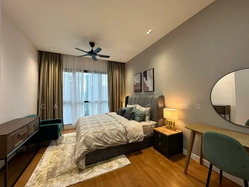 Bedroom features: king-size bed with upholstered headboard, bedding in neutral tones, 2 bedside lamps, wooden bedside table, dressing table with round mirror, green upholstered chair, ceiling fan, floor-to-ceiling windows with sheer curtains, wooden flooring, decorative area rug; style: modern.