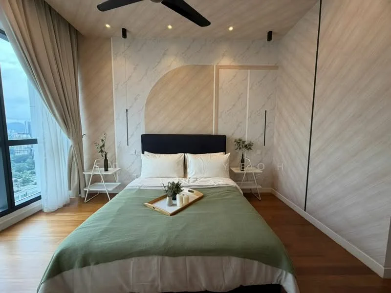 Bedroom features: king-size bed with white bedding, green throw blanket, two white bedside tables, decorative vase on bedside table, wooden flooring, feature wall with marble pattern, wall-mounted headboard, ceiling fan with light, floor-to-ceiling windows with sheer curtains, city view from window; style: modern; view: city.