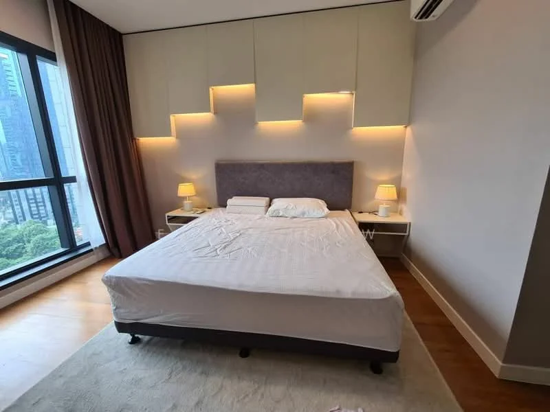 Bedroom features: king-size bed, upholstered headboard, 2 bedside lamps, wooden flooring, floor-to-ceiling windows, curtains, built-in cabinetry with lighting, area rug; style: modern; view: city.
