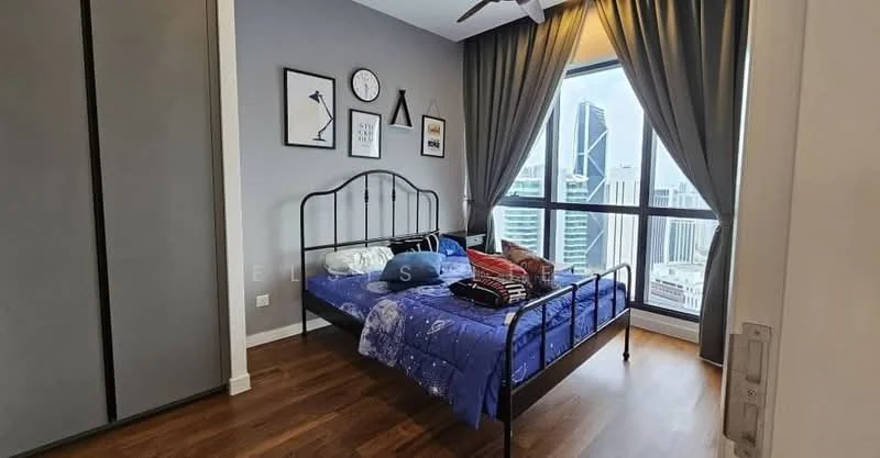 Bedroom features: king-size bed with blue bedding, metal bed frame, floor-to-ceiling windows, city view, grey painted walls, wooden flooring, ceiling fan, blackout curtains, decorative wall clock, framed artwork, built-in wardrobe; style: modern; view: city.