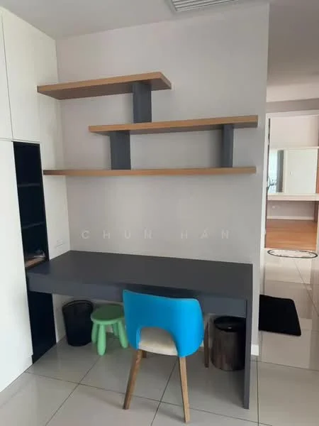 Study features: grey desk, wooden shelves, white cabinetry, green stool, blue chair, ceramic trash bin, glossy tile flooring, neutral painted walls; style: modern.