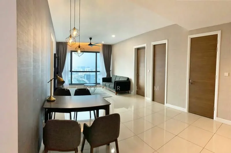 Living features: grey painted walls, white ceiling, floor-to-ceiling windows, sliding glass door, 3-blade ceiling fan, 2-seater fabric sofa in black, dining table for 4, 4 upholstered dining chairs, area rug, TV console, wall-mounted TV, decorative lamp; style: modern; view: city.