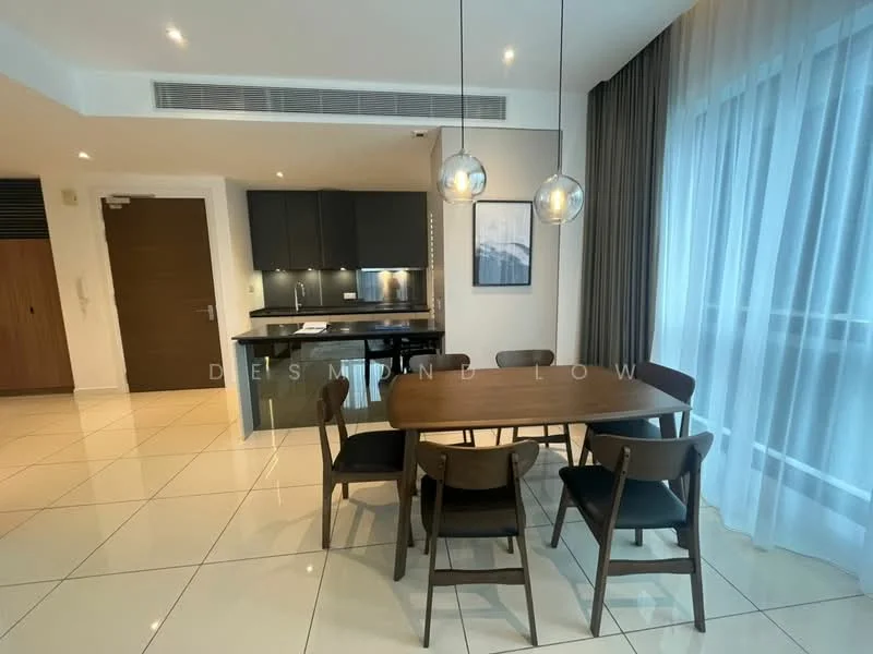 Dining features: 6-seater dining table, wood dining chairs, pendant lighting, large windows with sheer curtains, glossy tile flooring, black cabinetry, stainless-steel appliances, framed artwork on wall, open layout to kitchen, recessed ceiling lights; style: modern; view: city. Kitchen features: black cabinetry, stainless-steel fridge, built-in oven, ceramic cooktop, black countertop, under-cabinet lighting; style: modern.