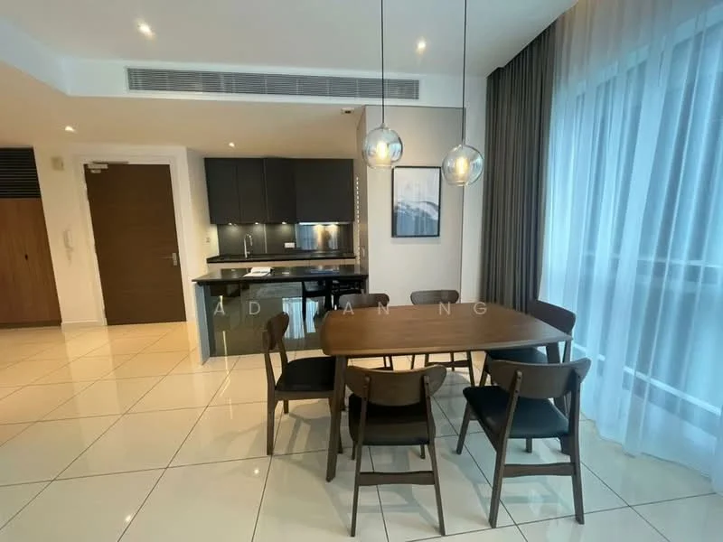 Dining features: 6-seater dining table, wooden dining chairs, pendant lighting, floor-to-ceiling windows, cream tiled flooring, grey curtains, black cabinetry, stainless-steel appliances, kitchen countertop, framed artwork on wall; style: modern. Kitchen features: black cabinetry, stainless-steel sink, built-in oven, cooktop, kitchen countertop, refrigerator, microwave; style: modern.