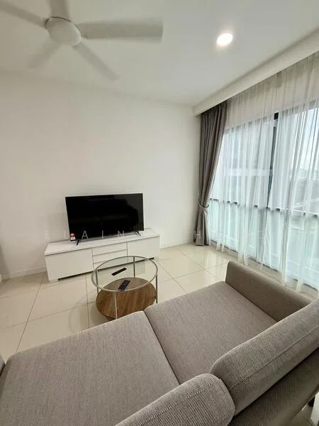Living features: 3-seater fabric sofa in grey, glass coffee table, white TV console, wall-mounted TV, floor-to-ceiling windows, sheer curtains, grey curtains, ceiling fan, recessed downlights, cream tiled flooring, decorative wall, area rug; style: modern.