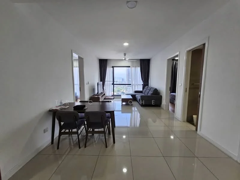 Living features: white painted walls, glossy tile flooring, 5-blade ceiling fan with light, sofa in grey fabric, coffee table, TV console, wall-mounted TV, floor-to-ceiling windows, curtains in dark fabric, area rug, dining table with 4 chairs; style: modern; view: city.