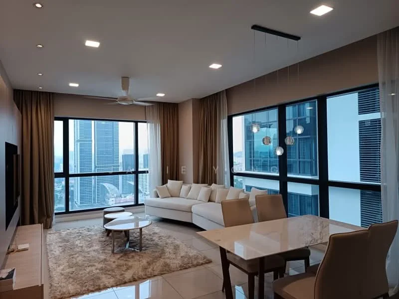 Living features: floor-to-ceiling windows, white fabric sectional sofa, coffee table with round top, area rug with neutral color, recessed LED downlights, 5-blade ceiling fan, TV console, wall-mounted TV, curtains, dining table with 4 chairs; style: modern; view: city.
