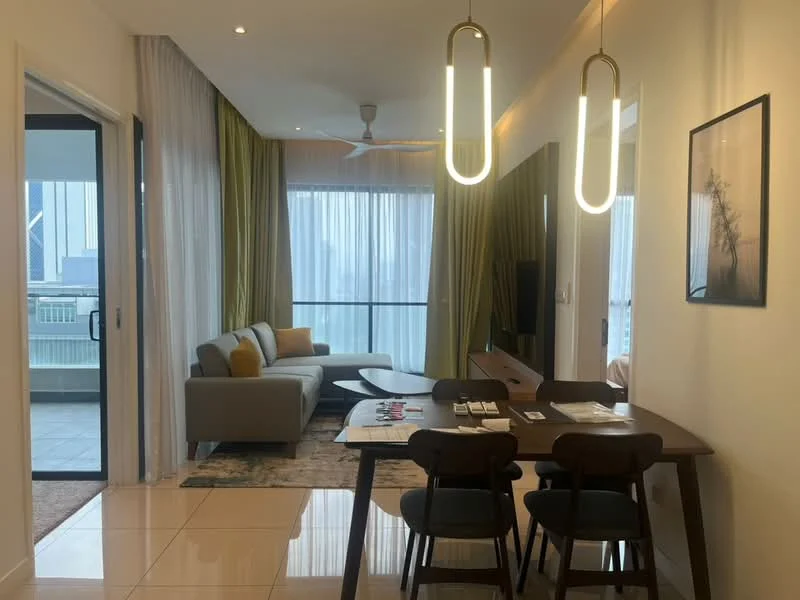 Living features: 3-seater fabric sofa in grey, coffee table, TV console, wall-mounted TV, area rug with geometric pattern, floor-to-ceiling windows, sheer curtains, ceiling fan, dining table with 4 chairs, decorative wall art, recessed downlights, light fixture with pendant lights; style: modern; view: city. Balcony view: city.