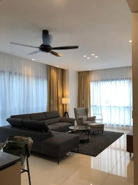 Living features: 3-seater fabric sofa in grey, armchair in light grey, coffee table, area rug in dark color, floor-to-ceiling windows, sheer curtains, blackout curtains, 5-blade ceiling fan with light, recessed downlights, laminate flooring, decorative lamp, wall-mounted TV, decorative wall art; style: modern.