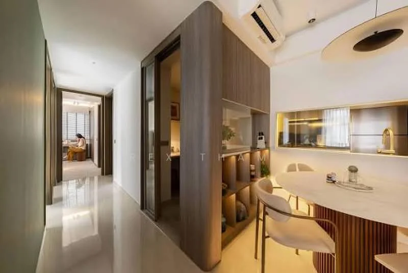 Room features: glossy tile flooring, recessed downlights, wall-mounted split AC, wooden cabinetry, open shelving, round dining table, upholstered dining chairs, glass partition, neutral wall color, decorative wall paneling, large window with sheer curtains; style: modern.