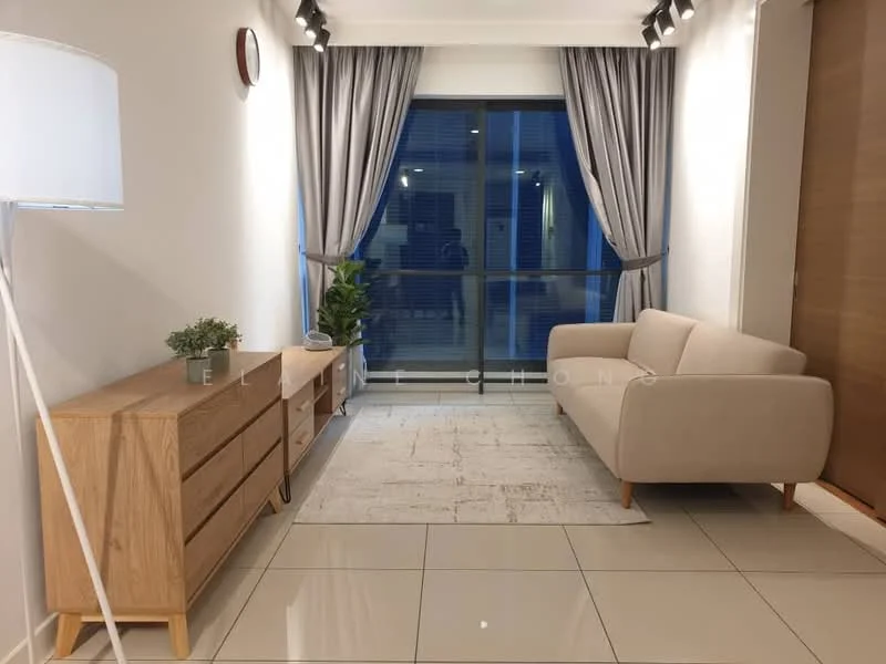 Living features: light grey fabric sofa, wooden sideboard with drawers, white floor lamp, large window with sheer curtains, grey curtains, neutral wall colour, tile flooring, area rug with geometric pattern, indirect lighting, decorative plant; style: modern.