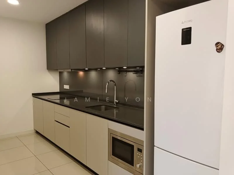 Kitchen features: black granite countertop, white cabinetry with flat-panel design, grey upper cabinets, stainless-steel sink, chrome pull-down faucet, built-in microwave, freestanding fridge, recessed LED downlights, ceramic tile flooring, wall-mounted electrical outlets; style: modern.