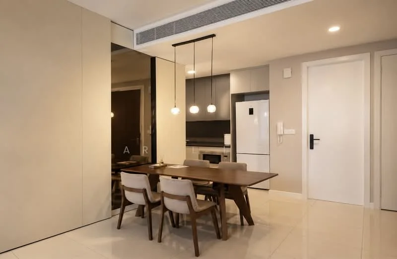 Dining features: dining table with 4 chairs, pendant lighting with 3 bulbs, white walls, light-colored cabinetry, built-in refrigerator, built-in oven, ceramic tile flooring, mirror wall, recessed lighting, open layout, neutral color palette; style: modern.