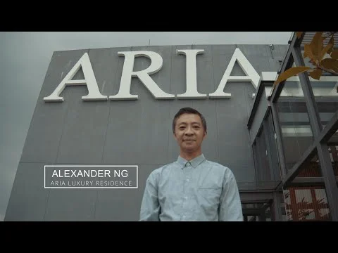 Exterior type: luxury residence; features: large signage with 'ARIA', modern facade, glass windows, metal cladding, surrounding greenery, entrance area with landscaping; style: modern.