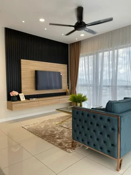 Living features: 5-blade ceiling fan with light, wall-mounted TV, wooden TV console, cream wall with black accent wall, large windows with sheer curtains, beige area rug, glass coffee table, blue tufted sofa, decorative plant, framed artwork, recessed downlights; style: modern; view: city.