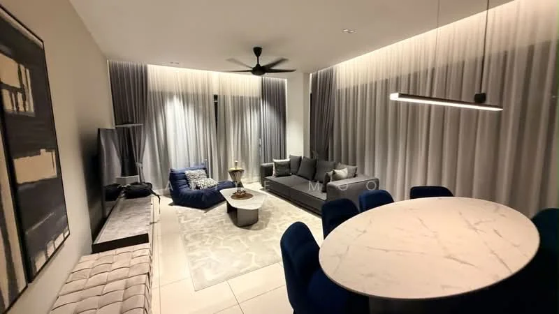 Living features: 3-seater fabric sofa in grey, 2-seater fabric sofa in blue, coffee table with marble top, round dining table with marble top, upholstered dining chairs in blue, floor-to-ceiling curtains in grey, ceiling fan with light, wall-mounted TV, decorative wall art, area rug with geometric pattern, recessed lighting, light-colored tiled flooring; style: modern.