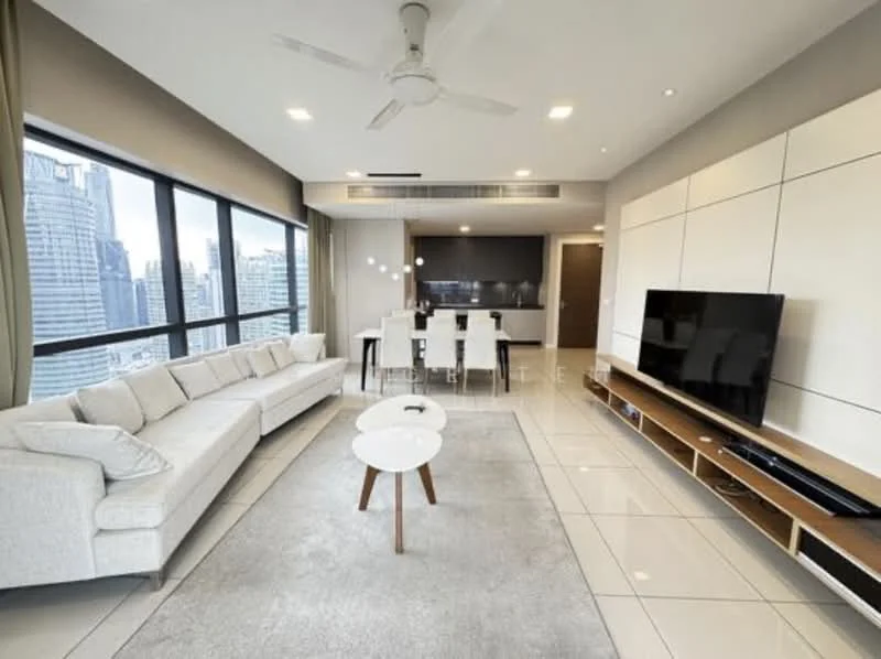 Living features: 3-seater fabric sofa in light beige, coffee table with wooden legs, area rug in light grey, floor-to-ceiling windows, city skyline view, ceiling fan with light, wall-mounted TV, entertainment unit with wooden finish, recessed downlights, decorative wall paneling in white, dining area visible in background, dining table with white chairs; style: modern; view: city.