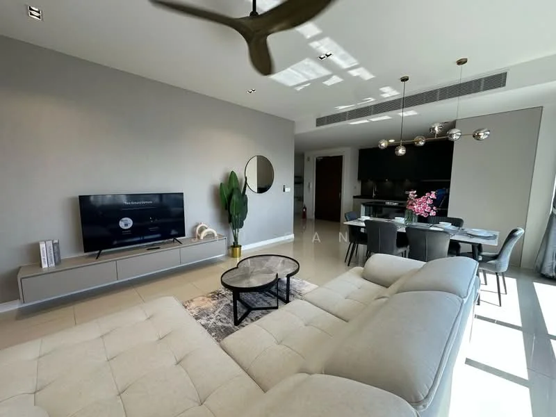Living features: 3-seater fabric sofa in light grey, round coffee table with black base, wall-mounted TV, media console with storage, decorative plant in ceramic pot, large round mirror, pendant lighting fixture with multiple bulbs, floor-to-ceiling windows with sheer curtains, light-coloured tiled flooring, recessed ceiling lights, area rug with geometric pattern; style: modern.