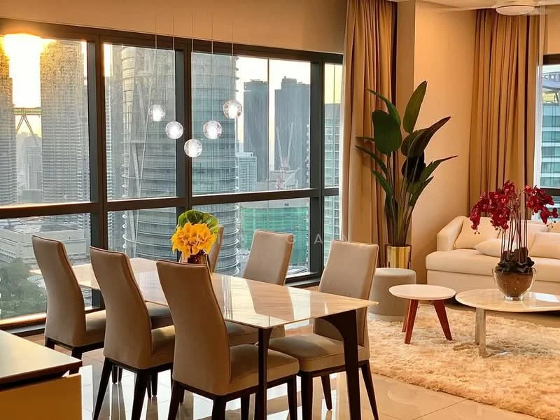Dining features: 6-seater dining table with marble top, upholstered dining chairs in beige, floor-to-ceiling windows, city skyline view, chandelier with multiple globes, decorative plant in corner, area rug with neutral color, white ceramic vase with flowers; style: modern; view: city. Living features: sectional sofa in white, coffee table, decorative plant, floor-to-ceiling windows, city skyline view; style: modern; view: city.