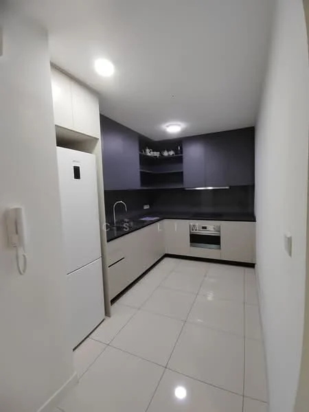 Kitchen features: white cabinetry, dark grey countertop, stainless-steel built-in oven, stainless-steel cooktop, single-bowl stainless-steel sink, chrome pull-down faucet, white refrigerator, open shelving, recessed downlights, glossy tile flooring, wall-mounted intercom, black backsplash; style: modern.