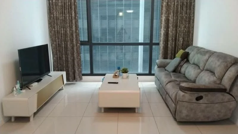 Living features: 3-seater fabric sofa in grey, coffee table in white, TV console in white with gold accents, wall-mounted TV, floor-to-ceiling windows, sheer curtains, polished tile flooring, decorative plant on coffee table, accent cushions in green, light fixture in ceiling; style: modern.