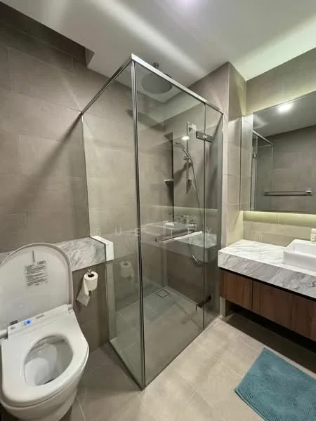 Bathroom features: glass shower enclosure, rain shower head, handheld shower, single-sink vanity with marble countertop, wood cabinet under sink, framed mirror, one-piece toilet, towel holder, tile flooring, grey wall tiles, recessed lighting; style: modern.