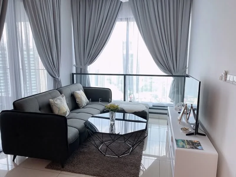 Living features: 3-seater fabric sofa in grey, glass coffee table with geometric base, area rug in neutral color, floor-to-ceiling windows, sheer curtains, grey walls, recessed downlights, TV console, decorative vase on coffee table; style: modern; view: city.