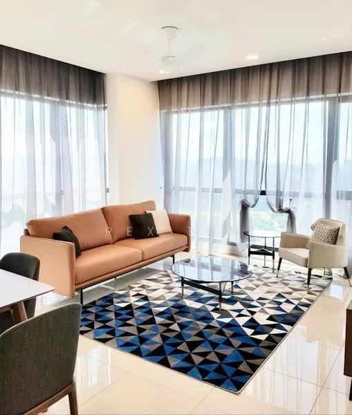 Living features: 3-seater fabric sofa in brown, accent chair in light grey, glass coffee table, area rug with geometric pattern in blue and black, floor-to-ceiling windows, sheer curtains, ceiling fan, marble tile flooring, decorative throw pillows, wall-mounted artwork; style: modern; view: city.