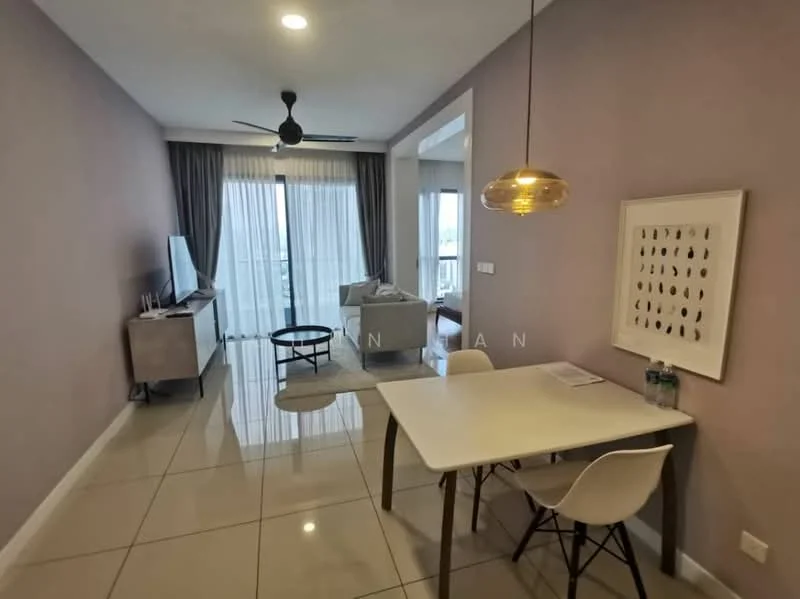 Living features: grey accent wall, white painted walls, glossy tile flooring, 5-blade ceiling fan with light, wall-mounted TV, TV console, sofa in light grey, coffee table, dining table with 4 chairs, large sliding glass door, curtains, decorative pendant light; style: modern; view: city.