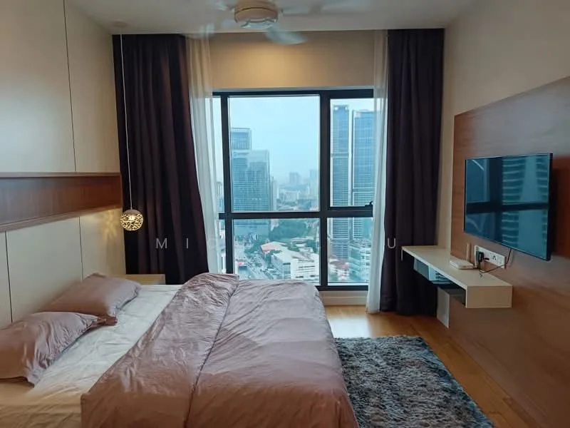 Bedroom features: king-size bed with pink bedding, upholstered headboard, floor-to-ceiling windows, city skyline view, wooden flooring, ceiling fan, wall-mounted TV, floating TV console, sheer curtains, dark curtains, area rug with geometric pattern, decorative wall paneling; style: modern; view: city.