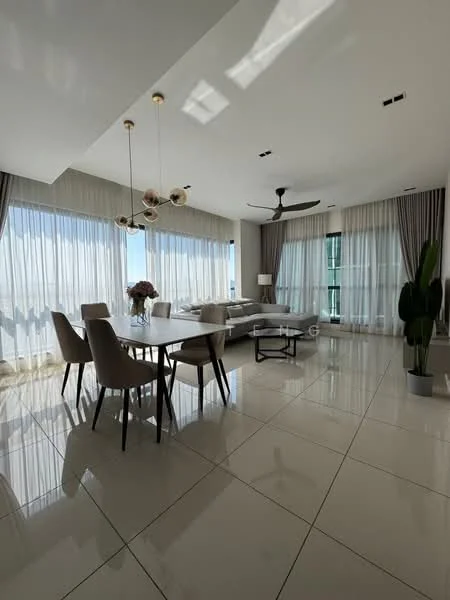 Living features: large floor-to-ceiling windows, sheer curtains, grey sectional sofa, round dining table, 4 dining chairs, pendant lighting with multiple bulbs, 5-blade ceiling fan, marble tile flooring, decorative plant in pot, decorative vase with flowers, neutral wall colour, recessed ceiling lights; style: modern; view: city.