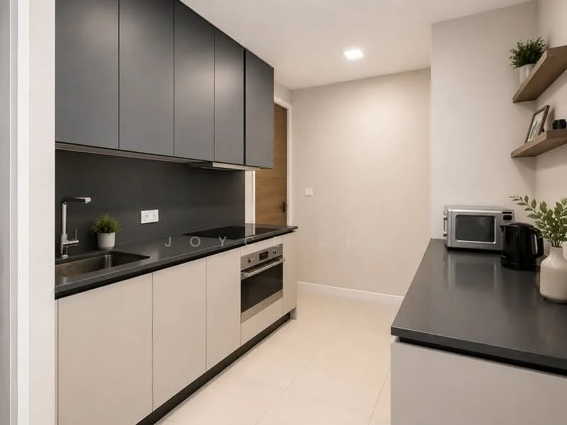 Kitchen features: grey upper cabinets, beige lower cabinets, black countertop, single-bowl stainless-steel sink, chrome pull-down faucet, built-in oven, stainless-steel microwave, kettle, open shelving, potted plant, white tiled backsplash, recessed downlights, cream tiled flooring; style: modern.