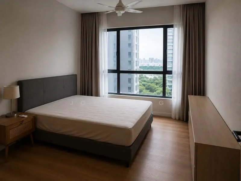 Bedroom features: queen-size bed, upholstered headboard, wooden bedside table, table lamp, floor-to-ceiling window, curtains, wooden flooring, ceiling fan; style: modern; view: city.