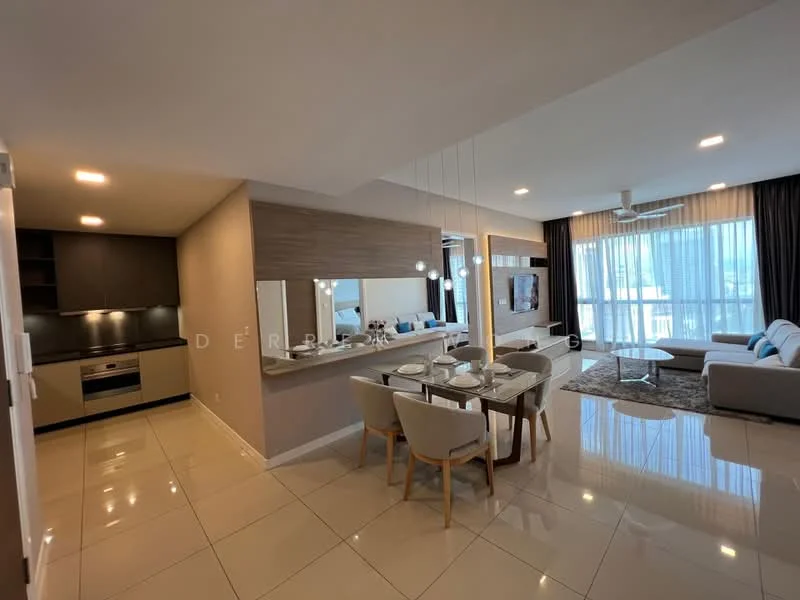 Living features: 3-seater fabric sofa in light grey, 2-seater fabric sofa in light grey, coffee table, TV console, wall-mounted TV, area rug with geometric pattern, floor-to-ceiling windows, sheer curtains, ceiling fan with light, recessed downlights; style: modern; view: city. Dining features: 6-seater dining table, upholstered dining chairs, pendant lighting above dining table, mirror on wall, open shelving, decorative wall panel; style: modern. Kitchen features: built-in oven, stainless-steel range hood, 4-burner gas hob, single-bowl stainless-steel sink, chrome pull-down faucet, white cabinetry, black countertop, recessed downlights; style: modern.