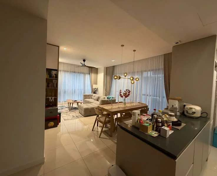 Living features: 3-seater fabric sofa in light grey, coffee table, area rug with geometric pattern, floor-to-ceiling windows with sheer curtains, ceiling fan with light, wall-mounted TV, decorative wall shelving, decorative plants in ceramic pots; style: modern. Dining features: 6-seater wooden dining table, upholstered dining chairs, pendant lighting above dining table, decorative vase on table; style: modern. Kitchen features: black countertop, stainless-steel appliances, microwave, rice cooker, various kitchen condiments on countertop; style: modern.